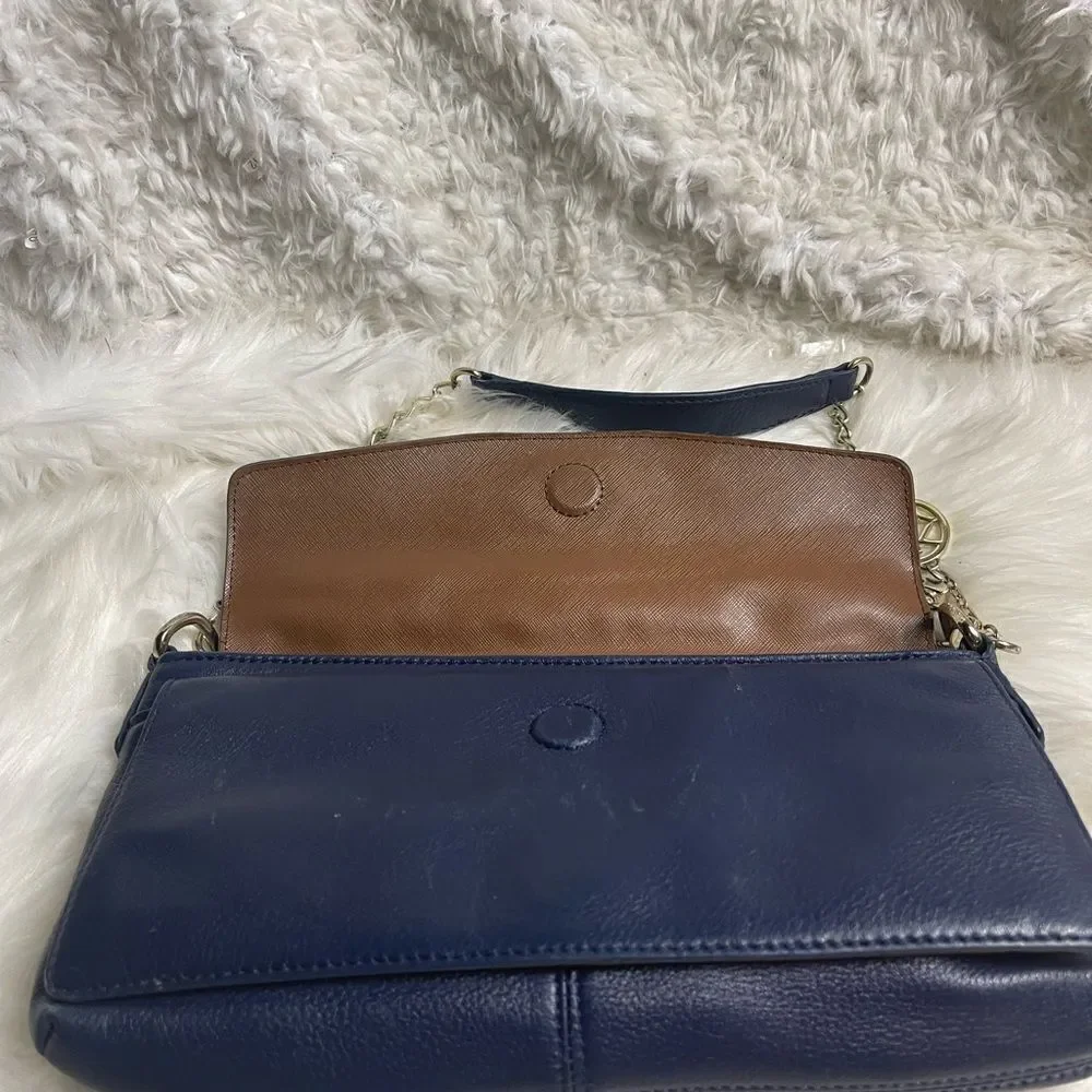 DKNY Melissa leather Navy Blue satchel with silver tone chain strap.